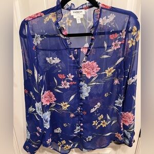 Express Floral Sheer Button-Up Blouse